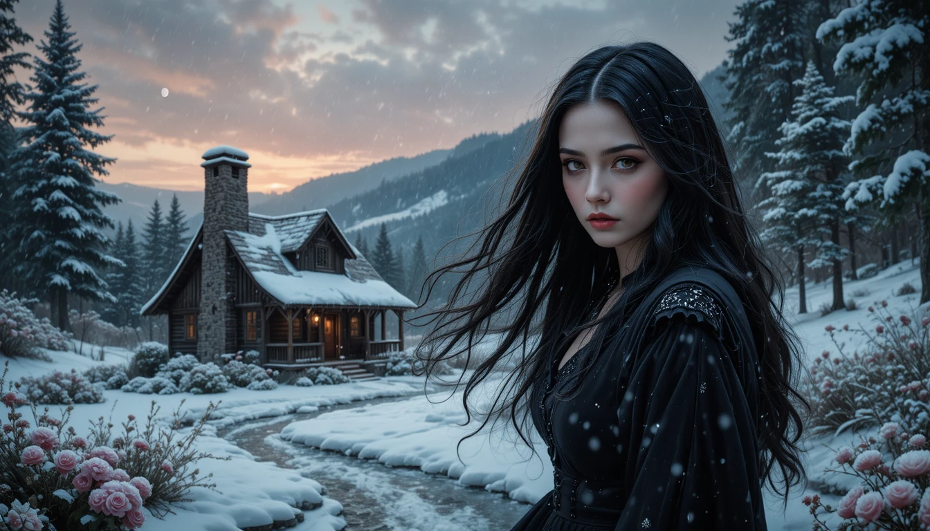 Vampire gothique aux longs cheveux noirs flottants et robe victorienne