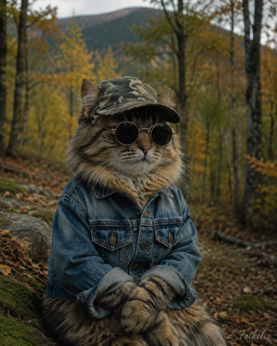Fluffy cat in denim and sunglasses in an autumn forest