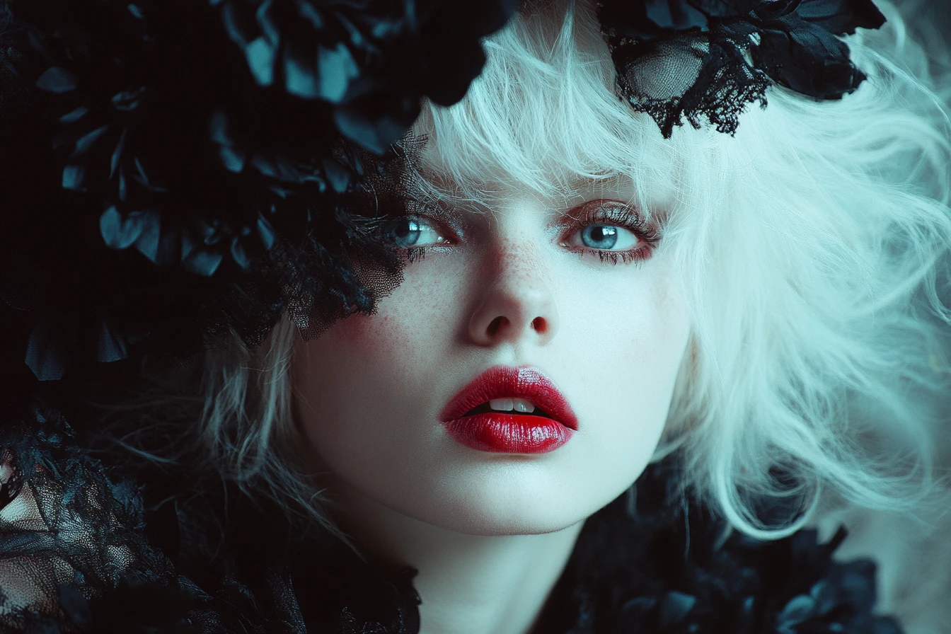 Albino woman in floral paper dress with surreal punk pose