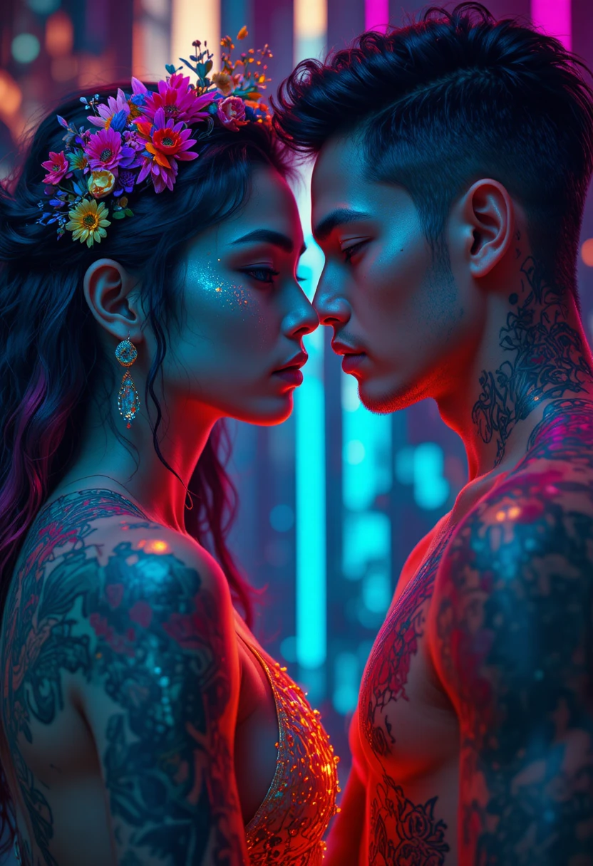 Latin couple standing side by side in glowing neon colors