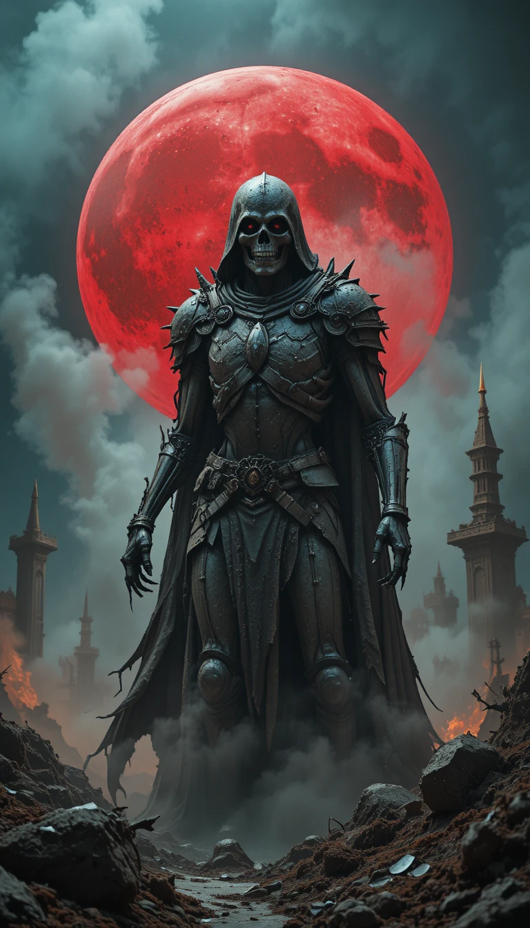 Menacing skeleton knight rising in smoke under red moon