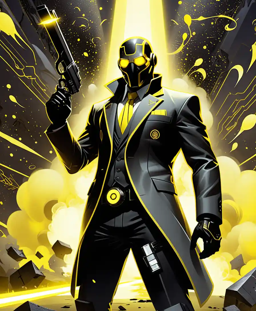 Masked spy with neon lights in cosmic yellow void