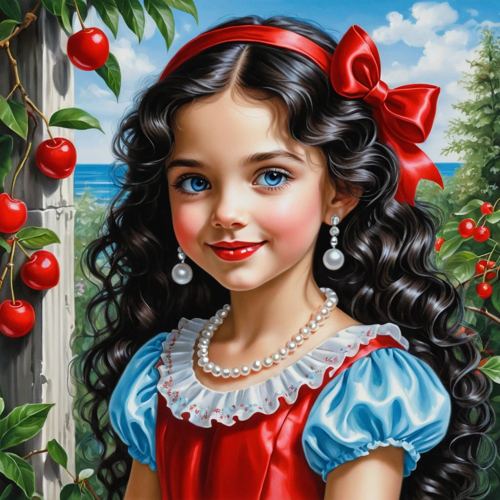 Smiling girl in red satin dress with curly black hair