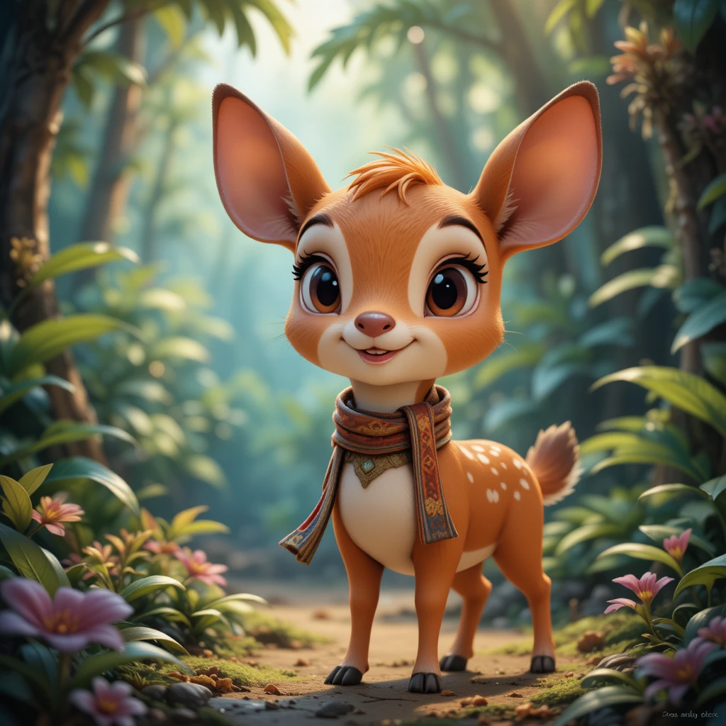 Cute mouse deer in a colorful tropical forest illustration