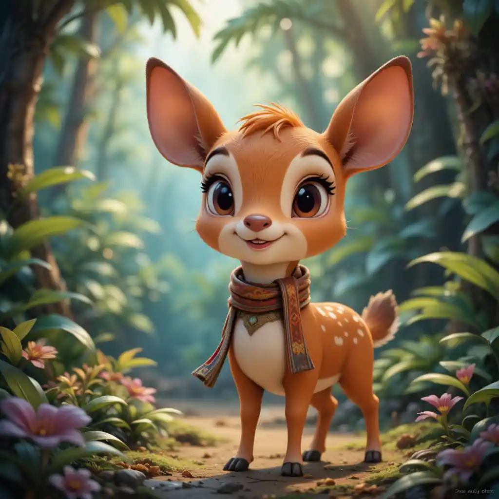 Cute mouse deer in a colorful tropical forest illustration