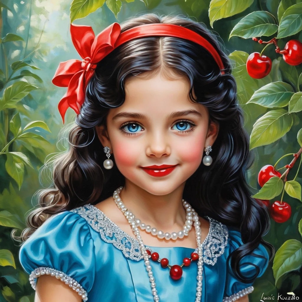 Smiling girl in red satin dress with pearl collar