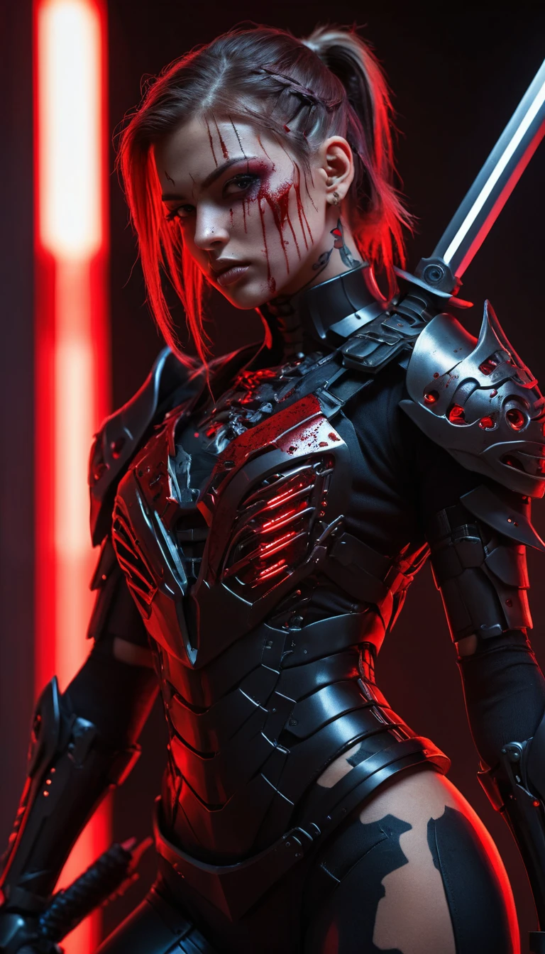 Cyberpunk ninja woman with sword in red backlight