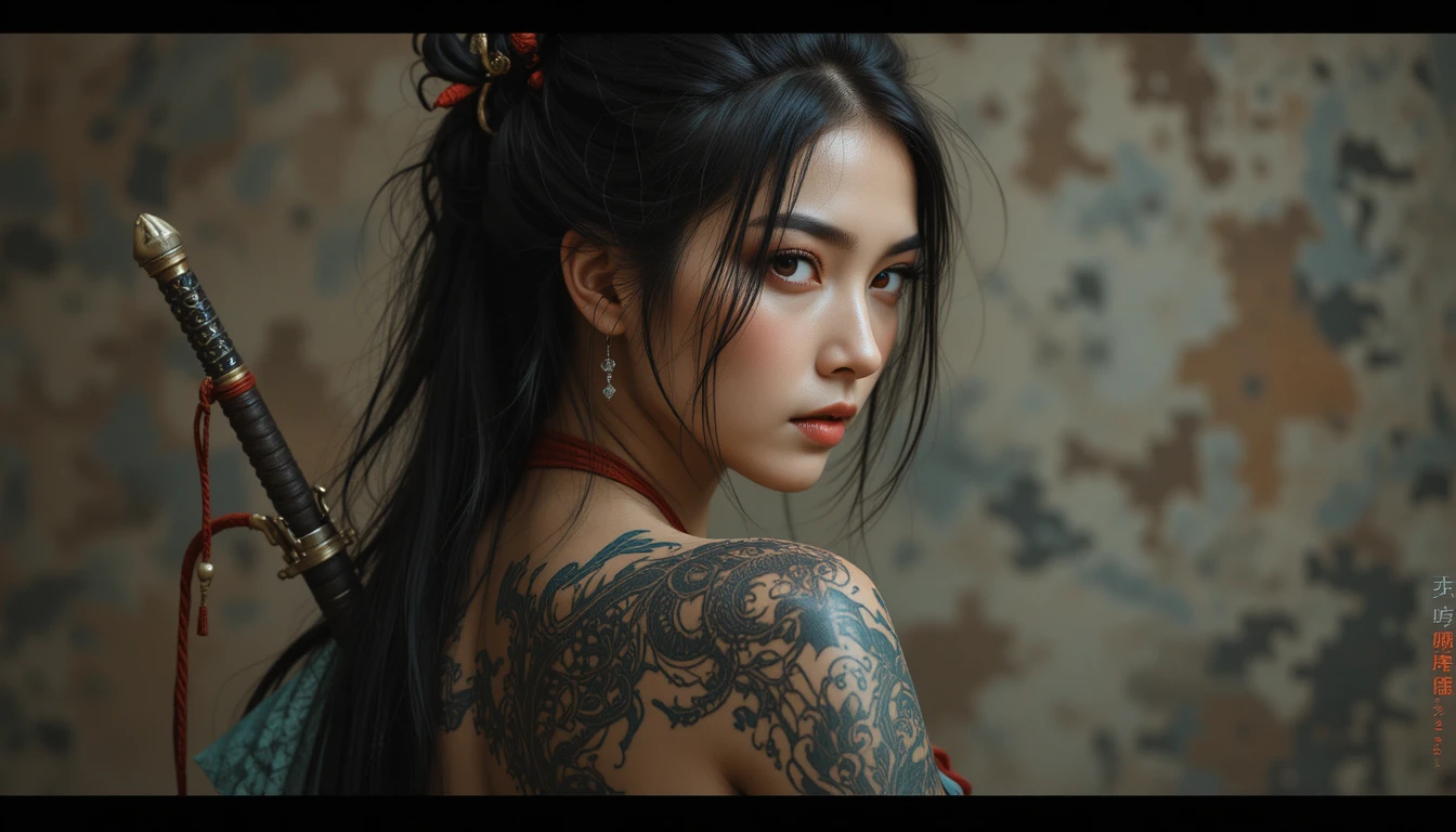 Asian warrior woman with dragon tattoo and samurai background