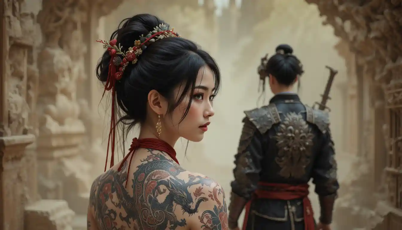 Asian warrior woman with dragon tattoo and samurai background