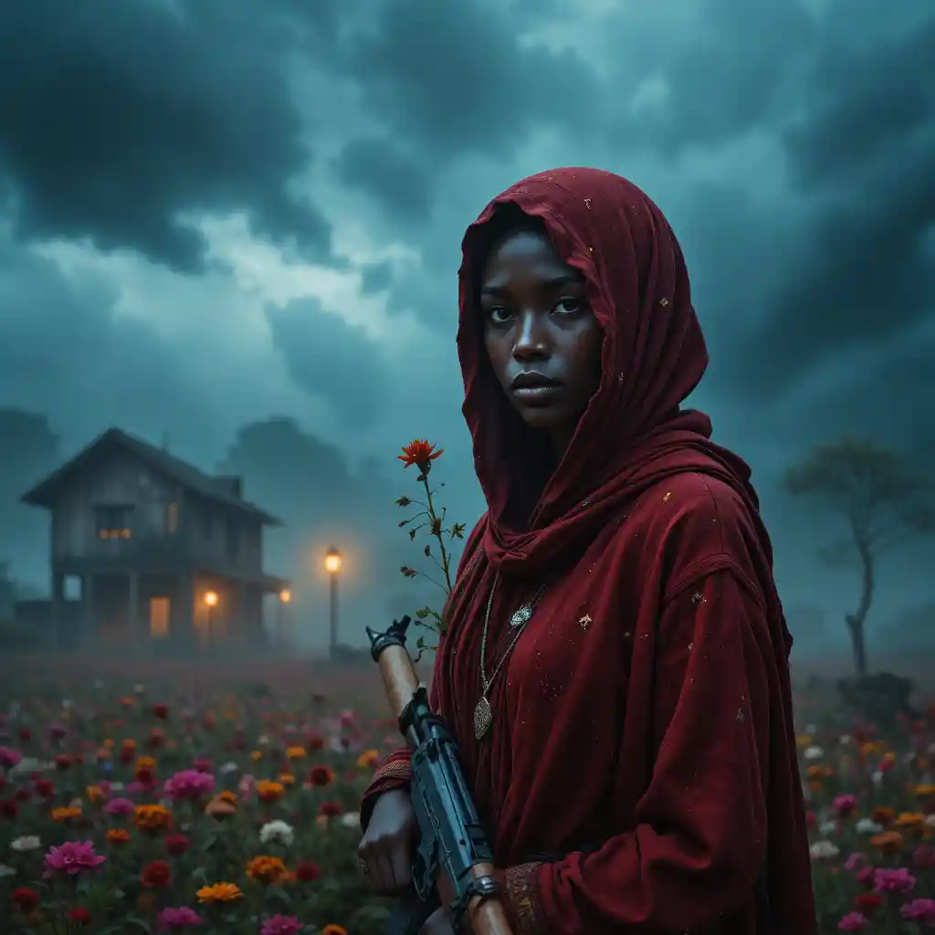 Woman with rifle under stormy sky and distant lanterns