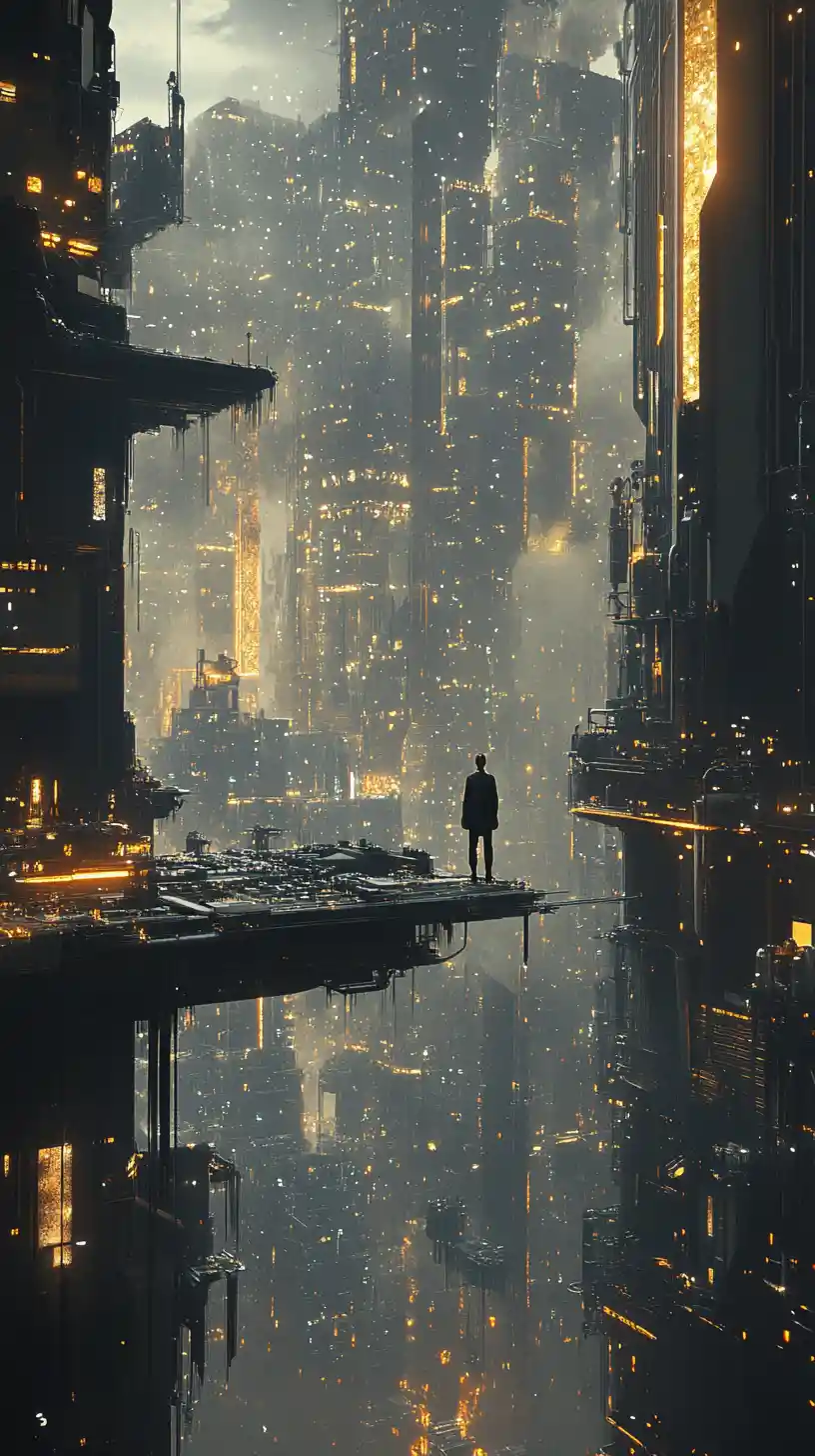 Figura solitaria en balcón sobre ciudad industrial surrealista