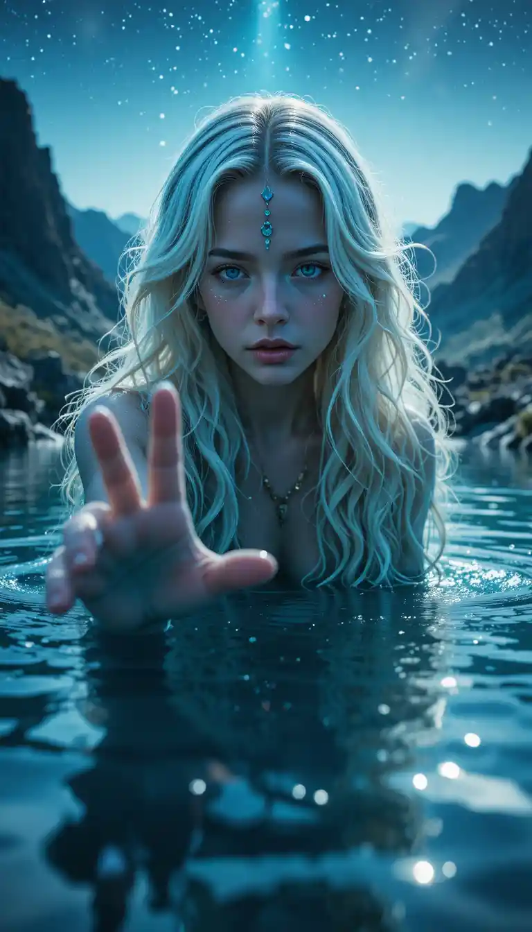 Water spirit woman emerging from a starry mountain pond