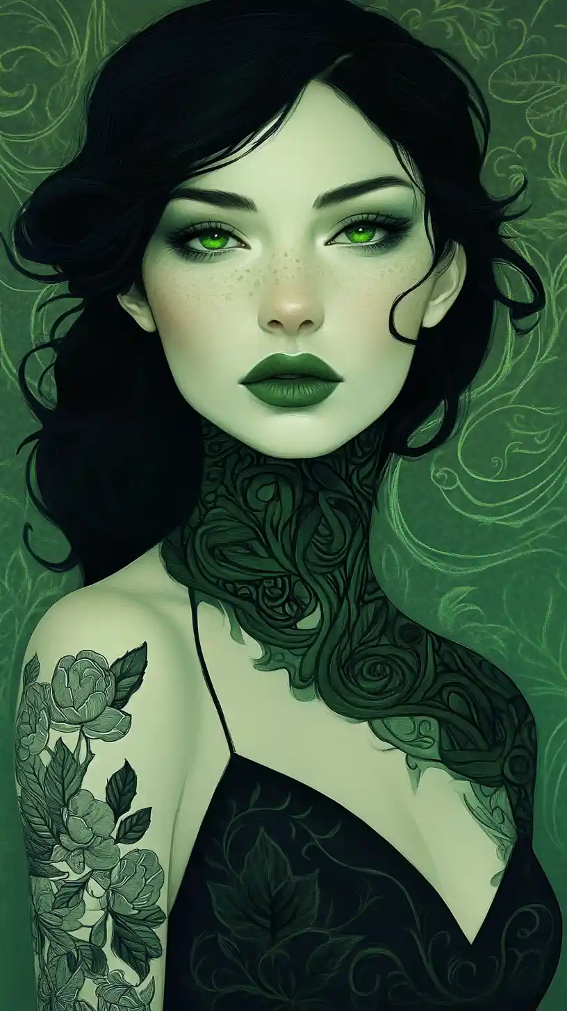Surreal tattooed woman with glowing emerald eyes portrait