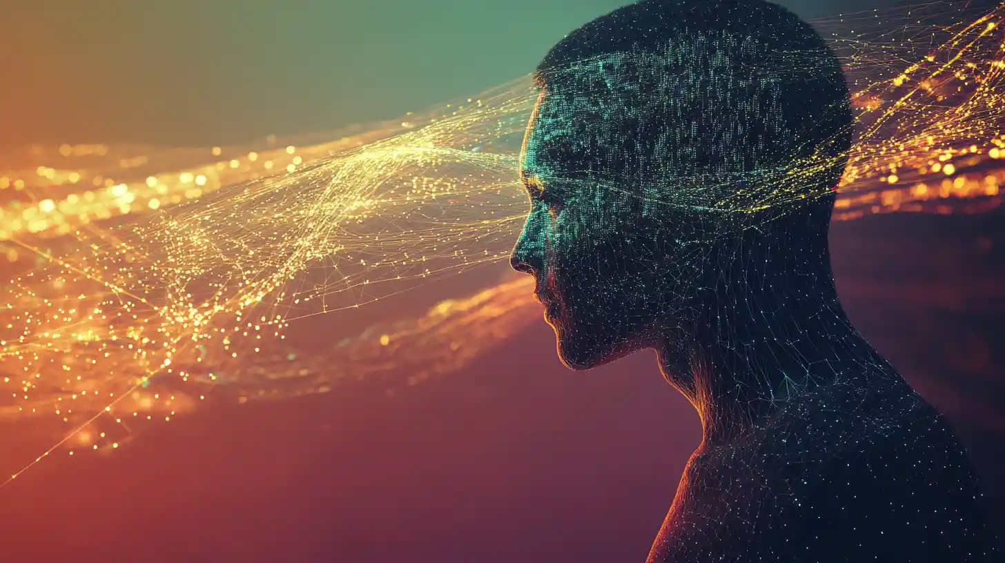 Calm human figure merged with flowing digital data patterns