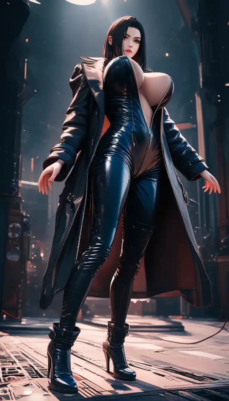 Dark haired woman in unzipped catsuit and leather trench coat