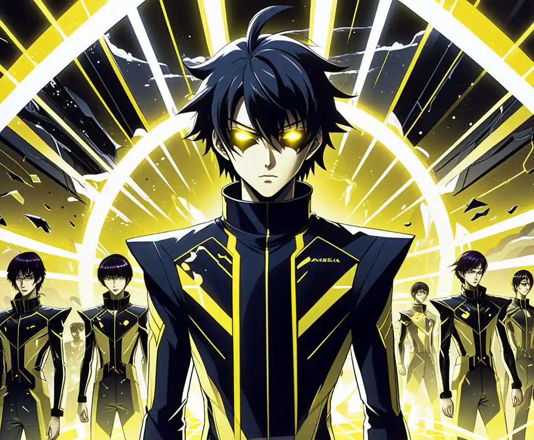 Close up of glowing eyed boys in sci fi facility