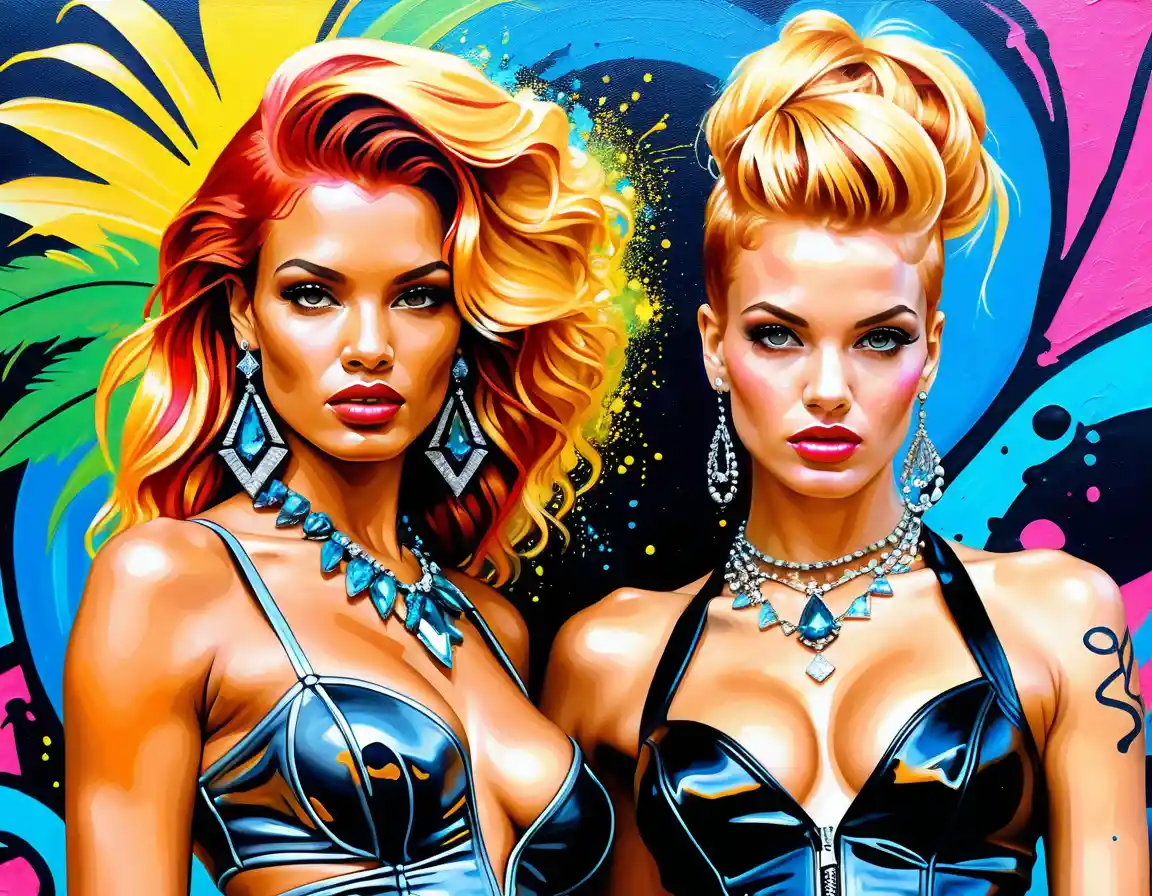 Fantasy punk fashion women in neon garden scene