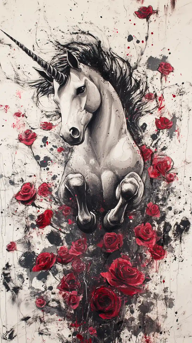 Abstract unicorn formed by ink splashes and blooming roses