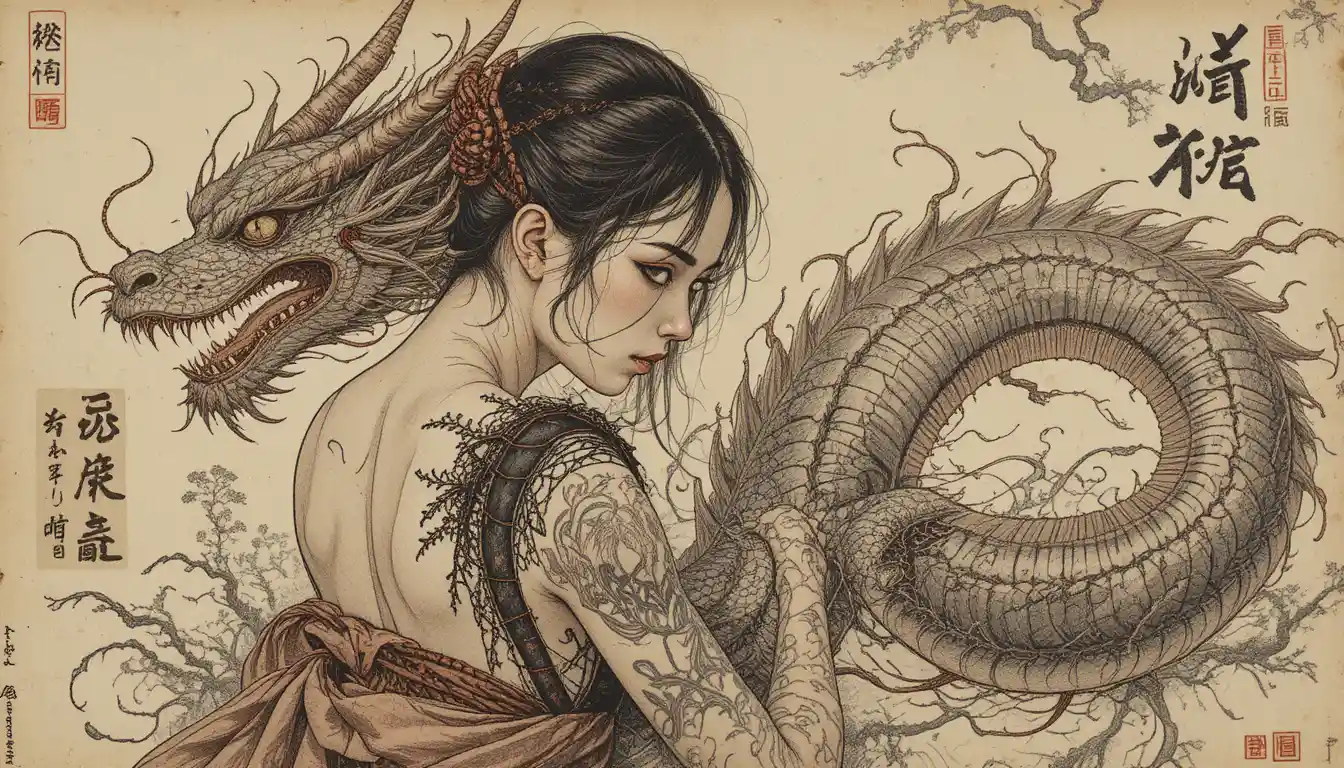 Curvy Asian woman with dragon tattoo and red rope belt