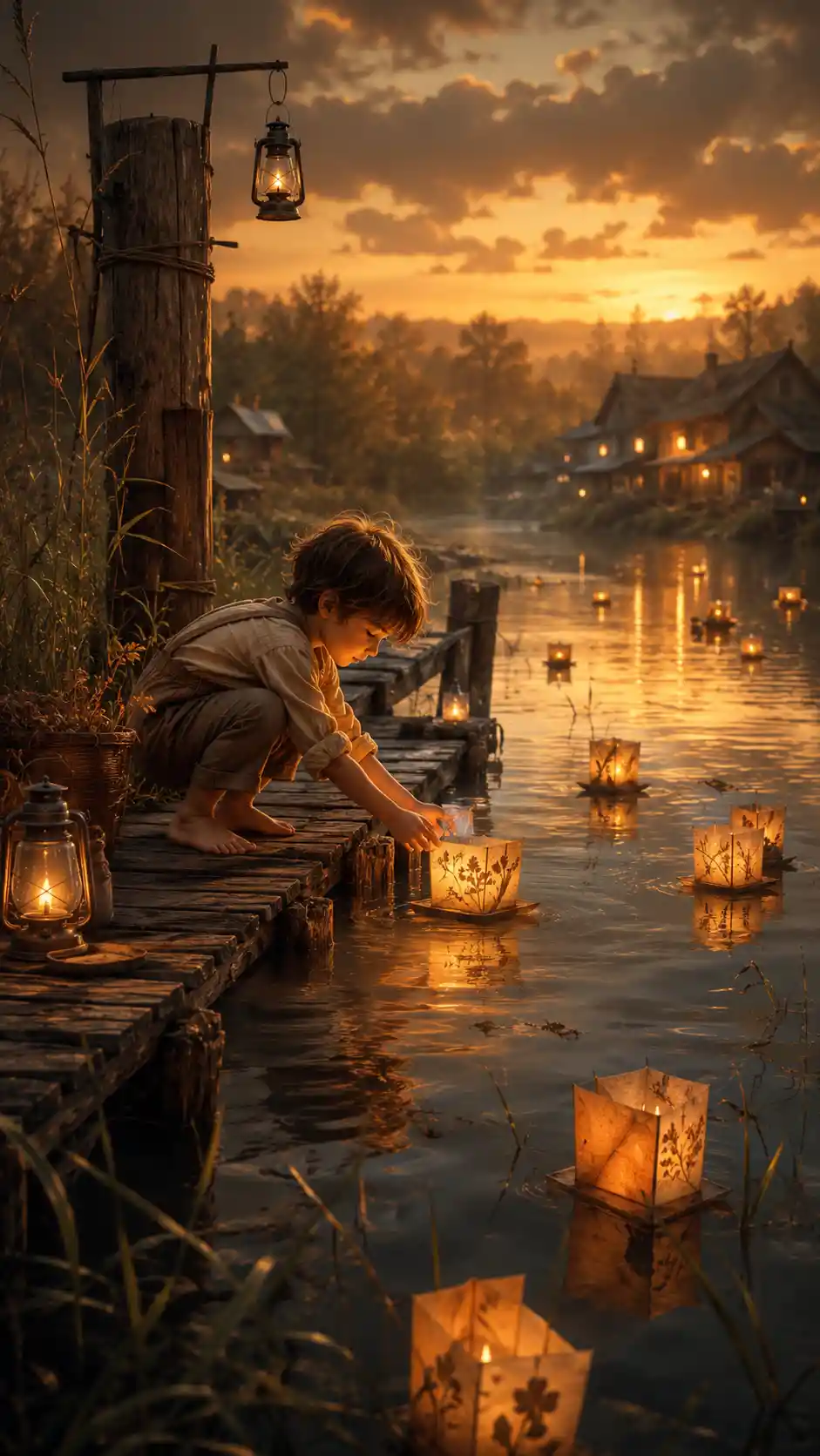 Child releasing glowing paper lanterns on a quiet dock