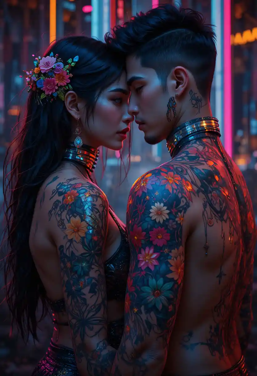 Latin couple portrait with glowing neon cyberpunk colors