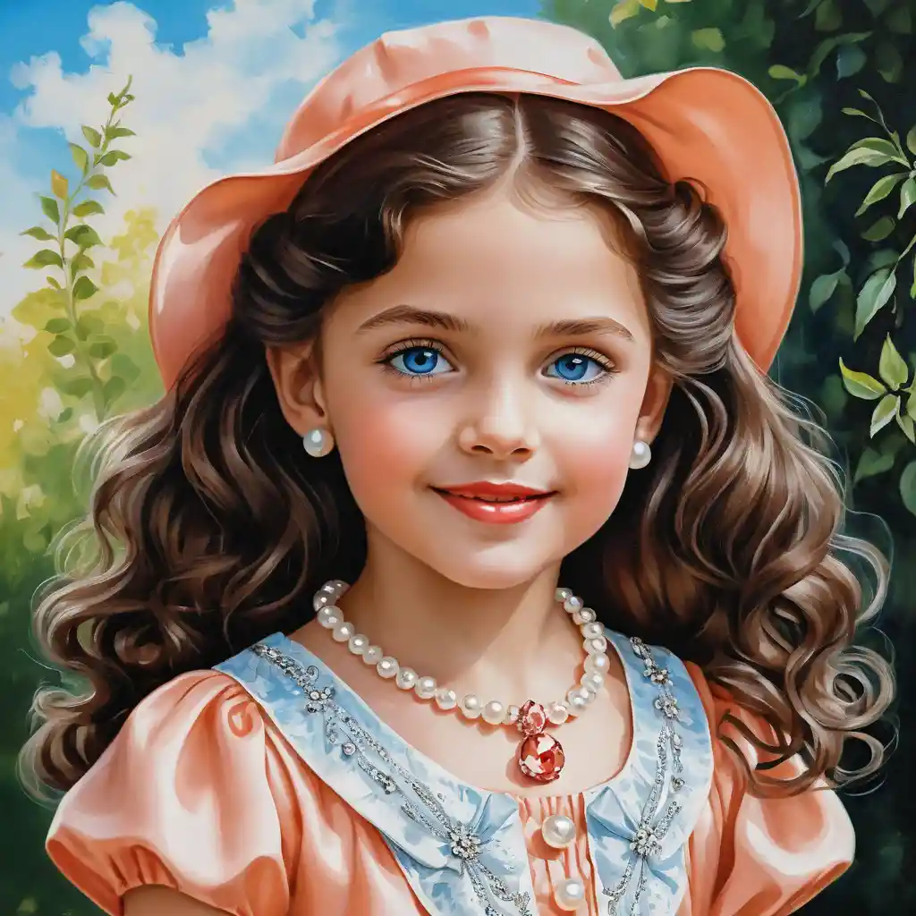 Smiling girl in peach satin dress with pearl collar