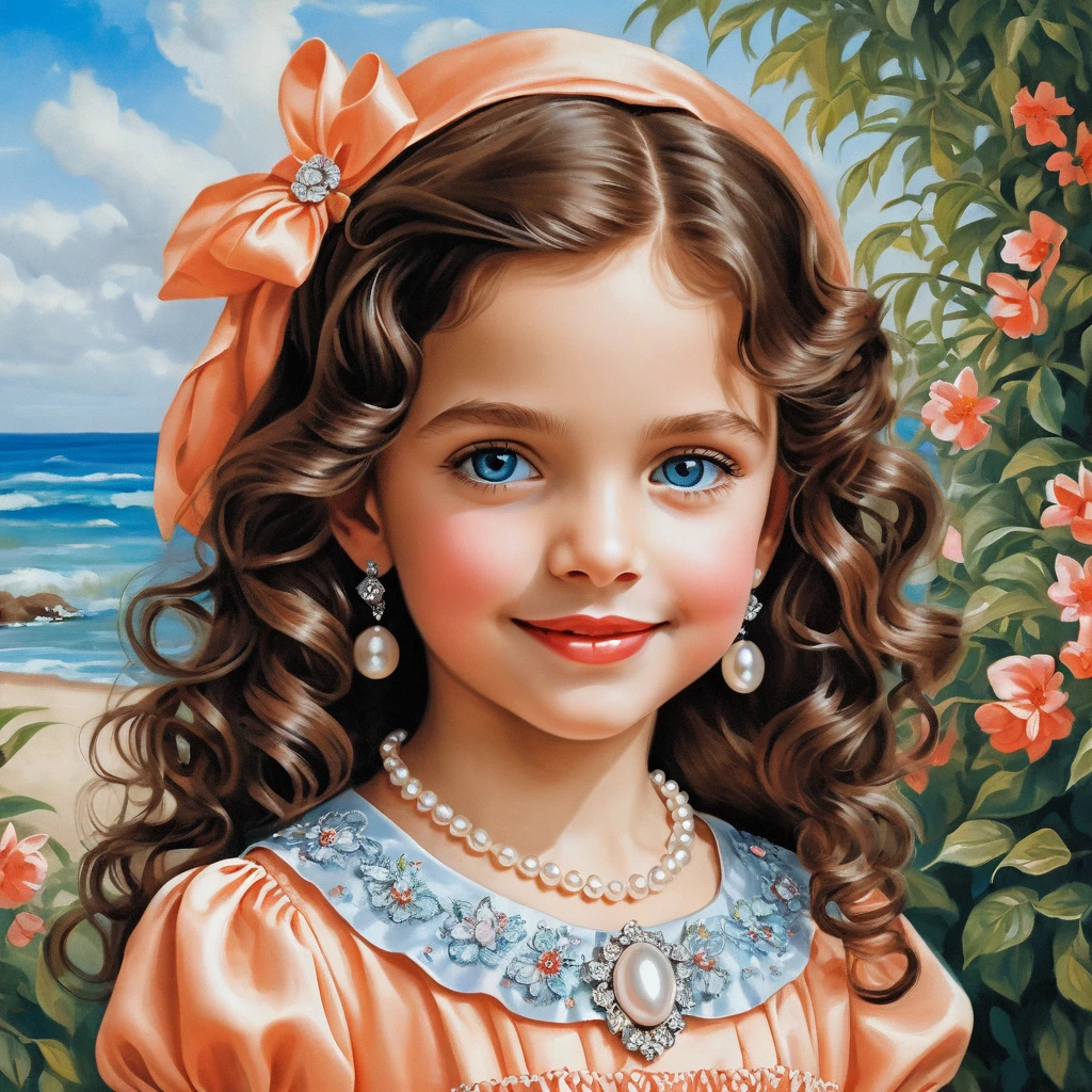 Smiling curly haired girl in peach satin dress portrait