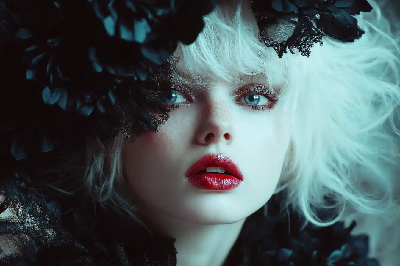 Albino woman in floral paper dress with surreal punk pose