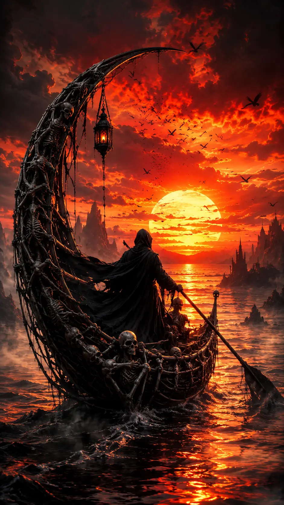 Cloaked figure sailing a skeletal crescent boat at sunset