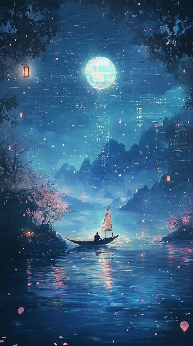 Moonlit data river with surreal glowing citadel