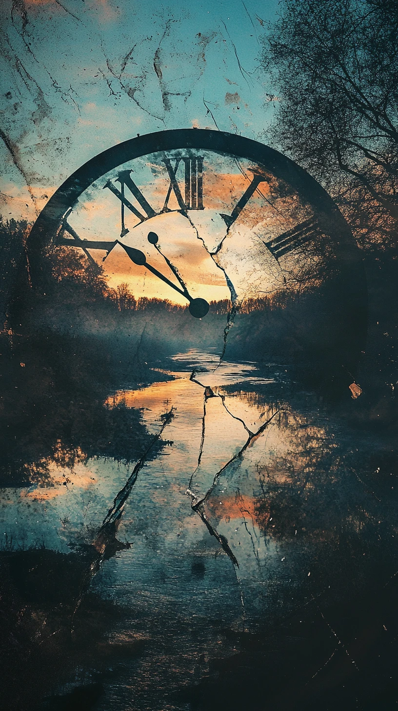 Broken clock face with river at twilight in soft light
