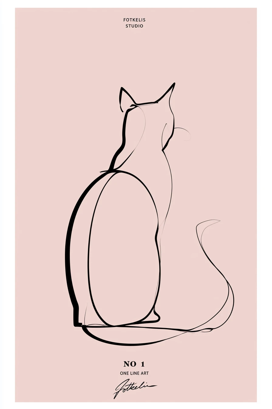 Minimal one line cat drawing on blush background