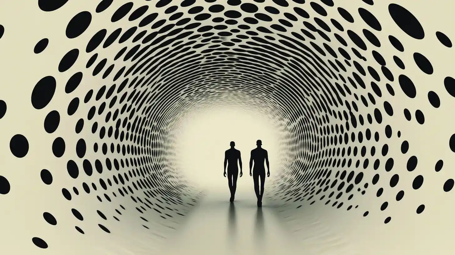 Symmetrical tunnel split with two mirrored walking figures