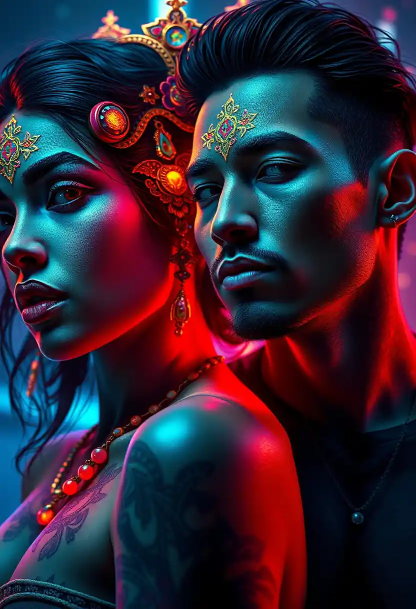 Latin couple portrait in vibrant neon fantasy style