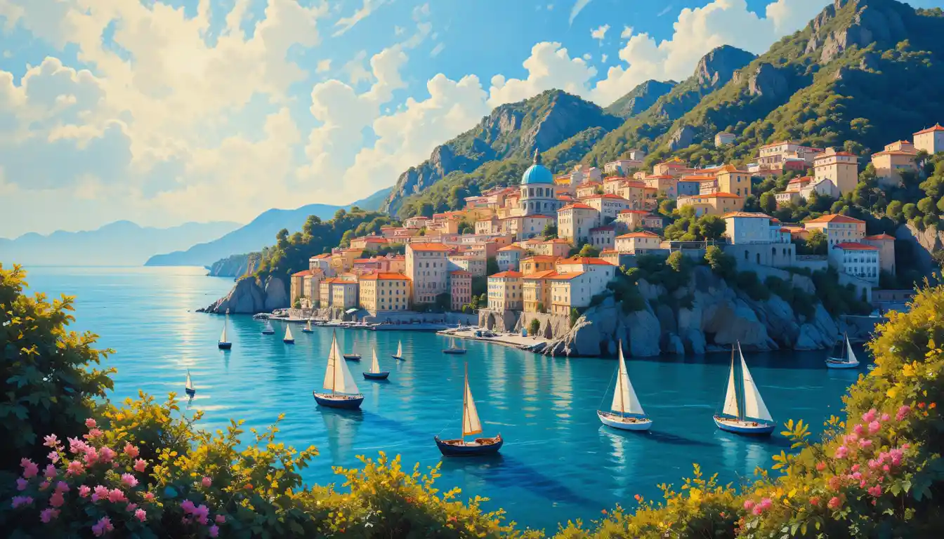 Impressionist Amalfi Coast town glowing in golden sunlight