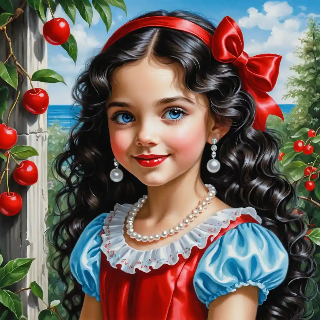 Smiling girl in red satin dress with curly black hair