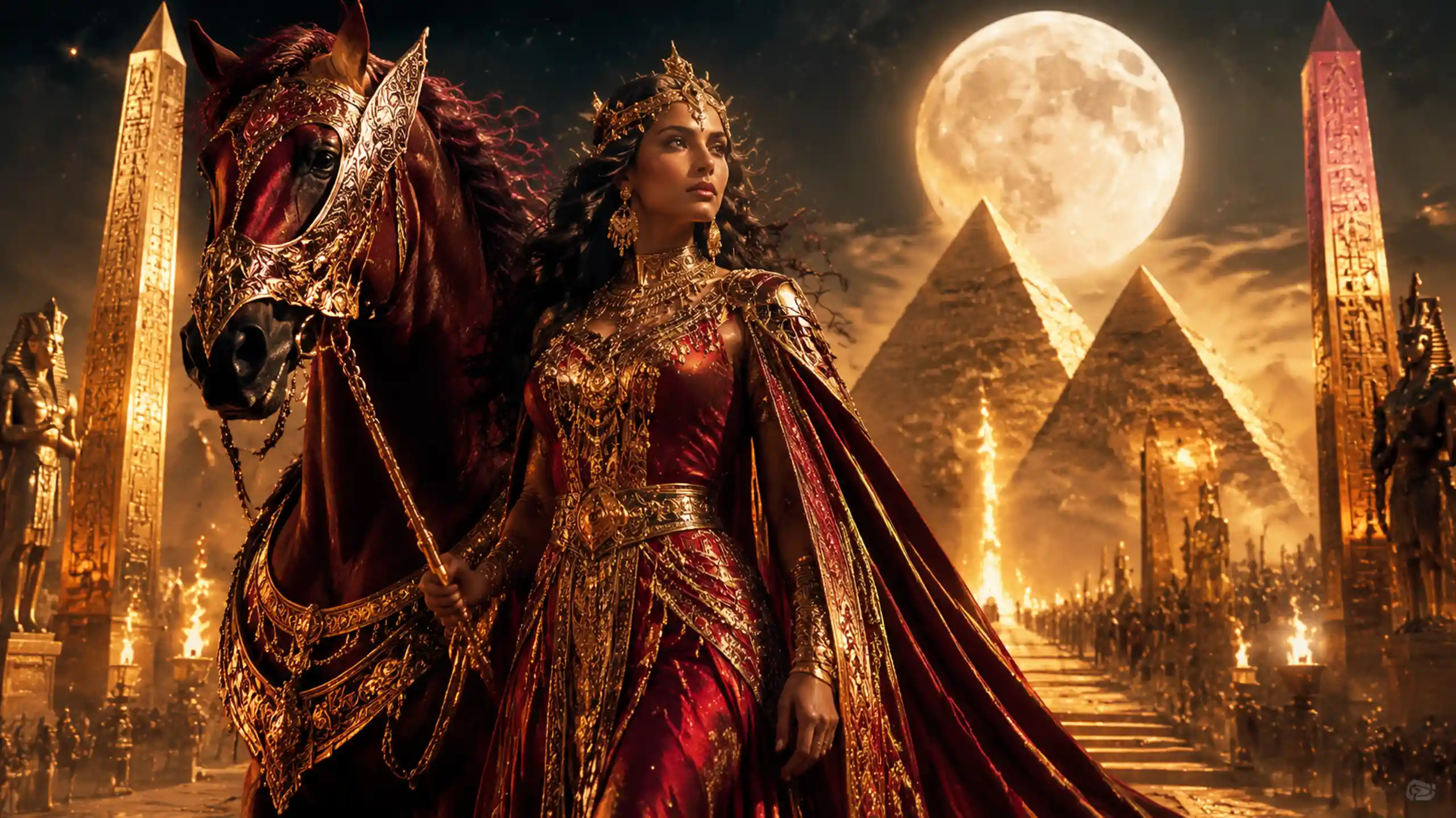 Regal queen before moonlit pyramids in a golden desert