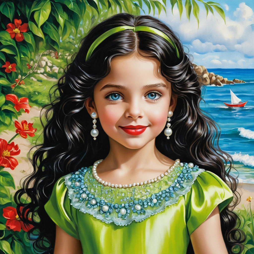 Smiling girl in lime green satin dress with curls