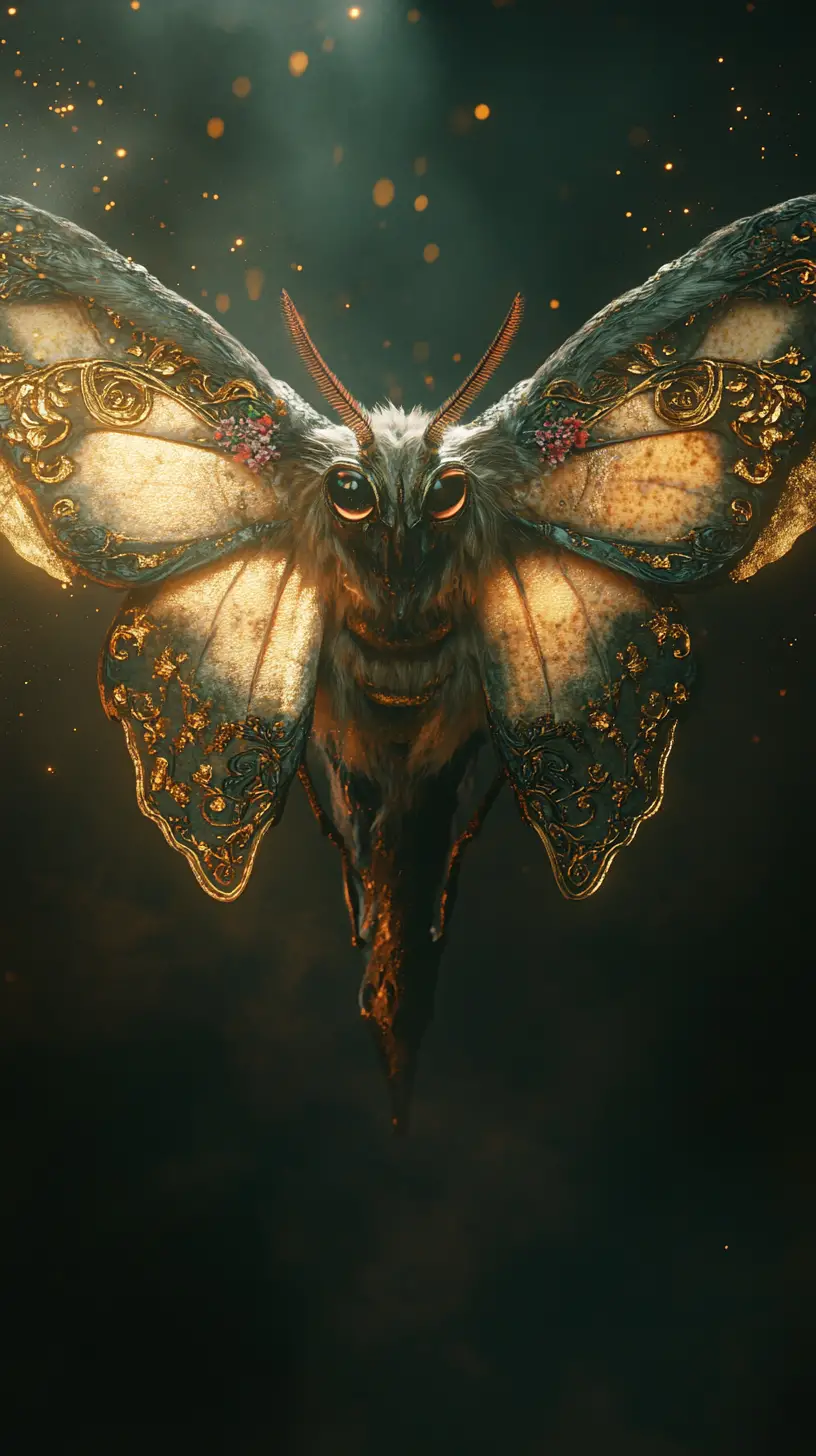 Papillon de manuscrit doré flottant dans un espace sombre et enchanté