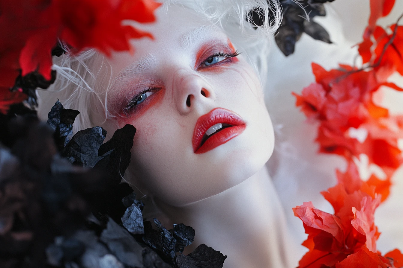 Albino woman in surreal floral dress with punk styling