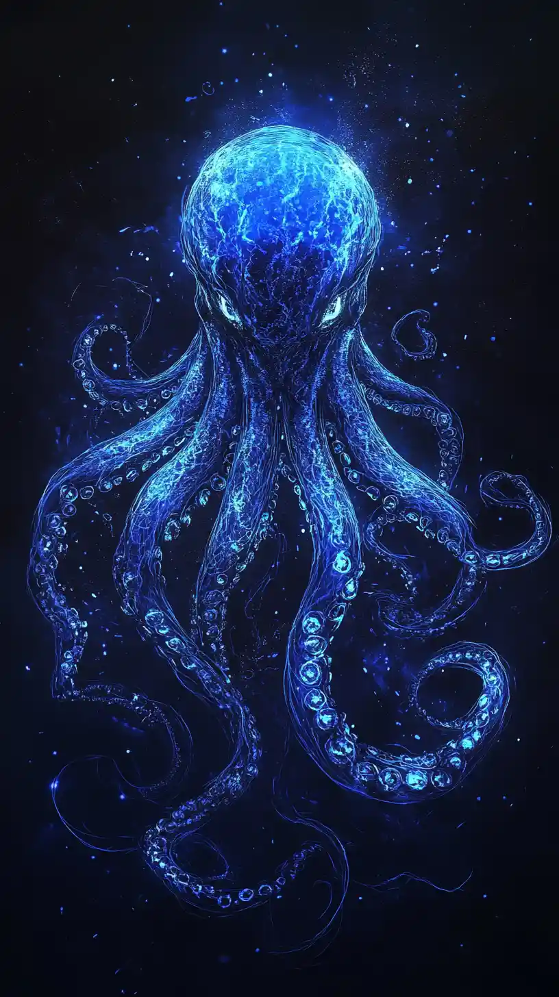 Electric blue line art creature on pure black background