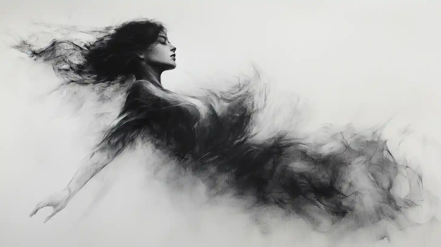 Elegant feminine figure dissolving into soft charcoal textures