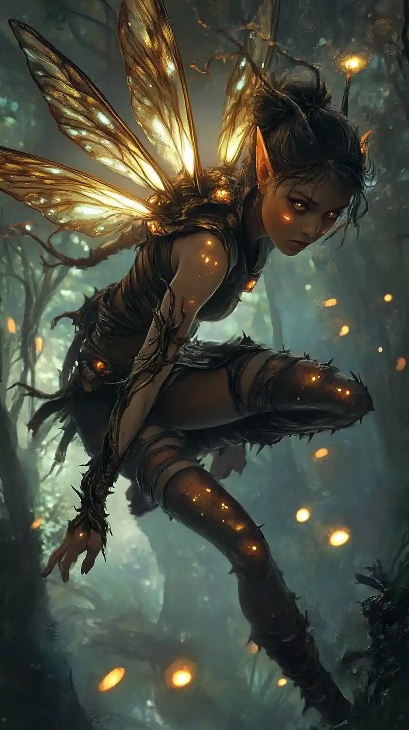 Bioluminescent Fairy Scout Leaping Through Shadowy Forest