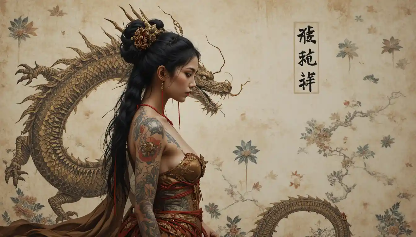 Curvy asian woman with dragon tattoo and red rope belt