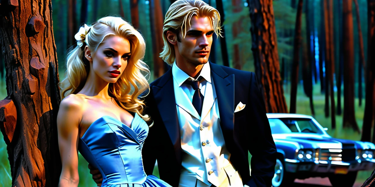 Glamorous blonde woman in gown before twilight mountains