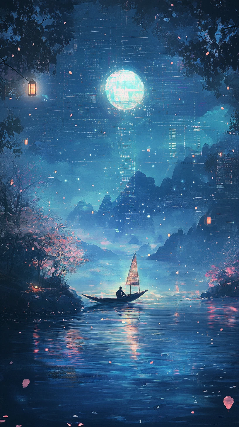 Moonlit data river with surreal glowing citadel
