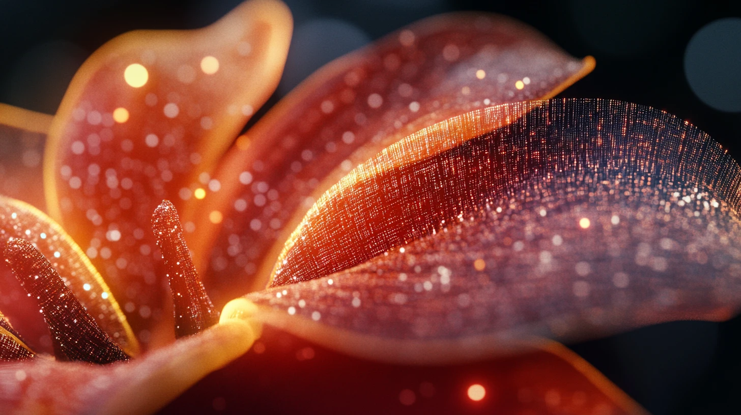 Macro view of a digital flower petal made of glowing grids