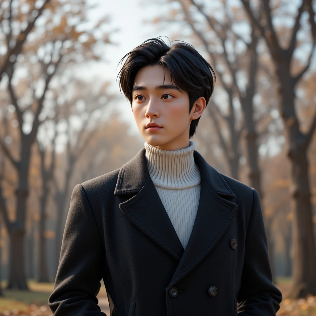 Korean man in black coat in a peaceful autumn park
