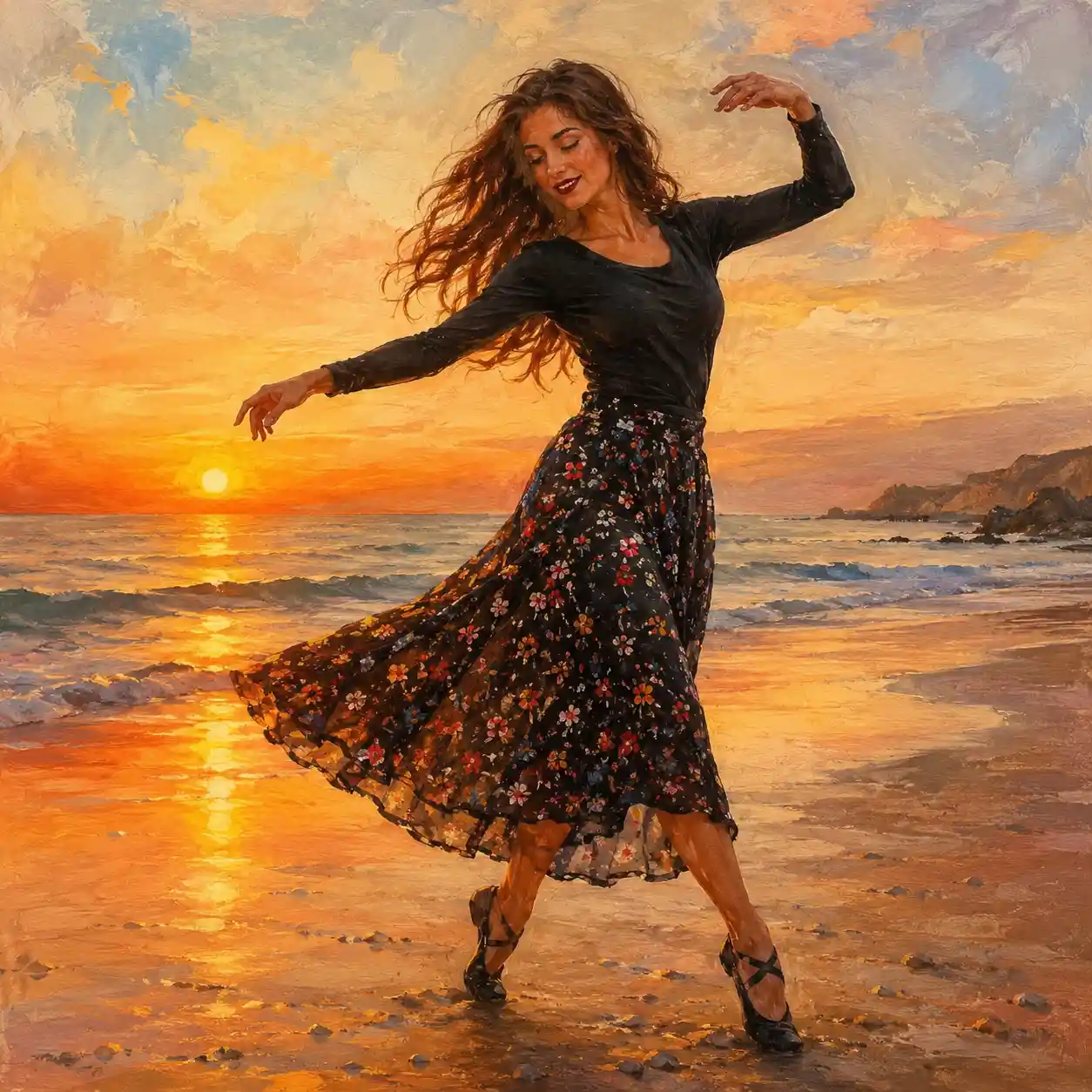 Woman dancing on the beach at warm sunset light
