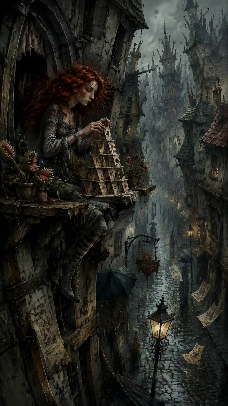 Red haired woman on crooked windowsill in rainy gothic alley